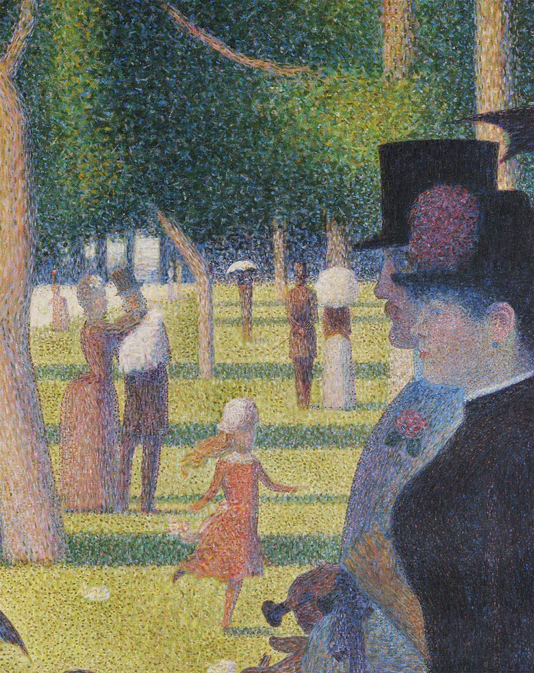 “A Sunday on La Grande Jatte” (1884-1886). Georges-Pierre Seurat pioneered the pointillist painting technique, which has served as inspiration for neuroscientists using single-cell technologies as it illustrates how complexity can arise from a collection of small spots or cells. Here, the mothers, fathers, and children in the picture represent the maternal and paternal influence on cortex development. The image is composed mainly of green and red spots, which represent MADM labelled cells that were used in the analysis and reflects the growth disadvantage of astrocytes observed in this study (more green than red spots). Credit: The Art Institute of Chicago