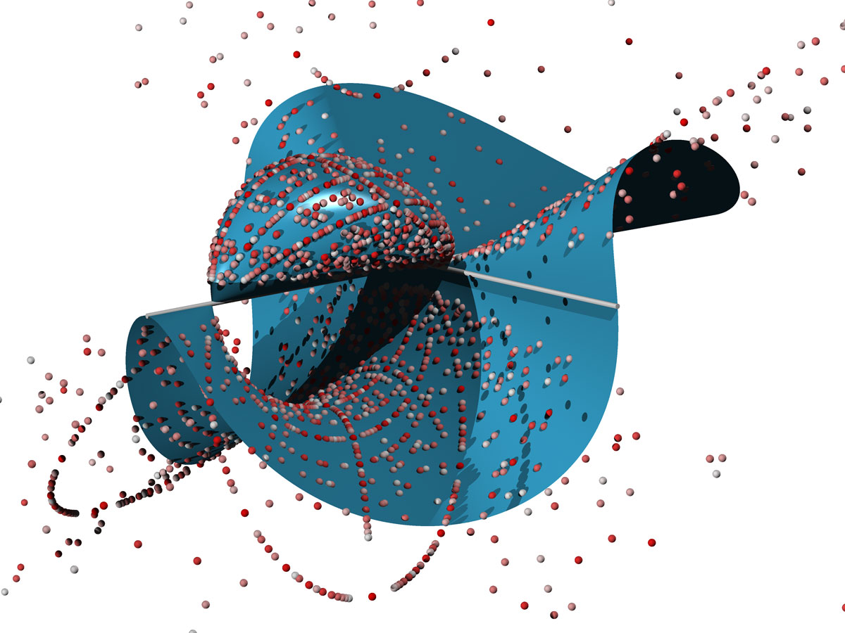 The cubic surface x³+xy+yz²=0 passes the two tests and has numerous integer solutions (red dots), but the conjecture remains open for cubic equations in general. Image by Ulrich Derenthal / Leibniz University Hannover