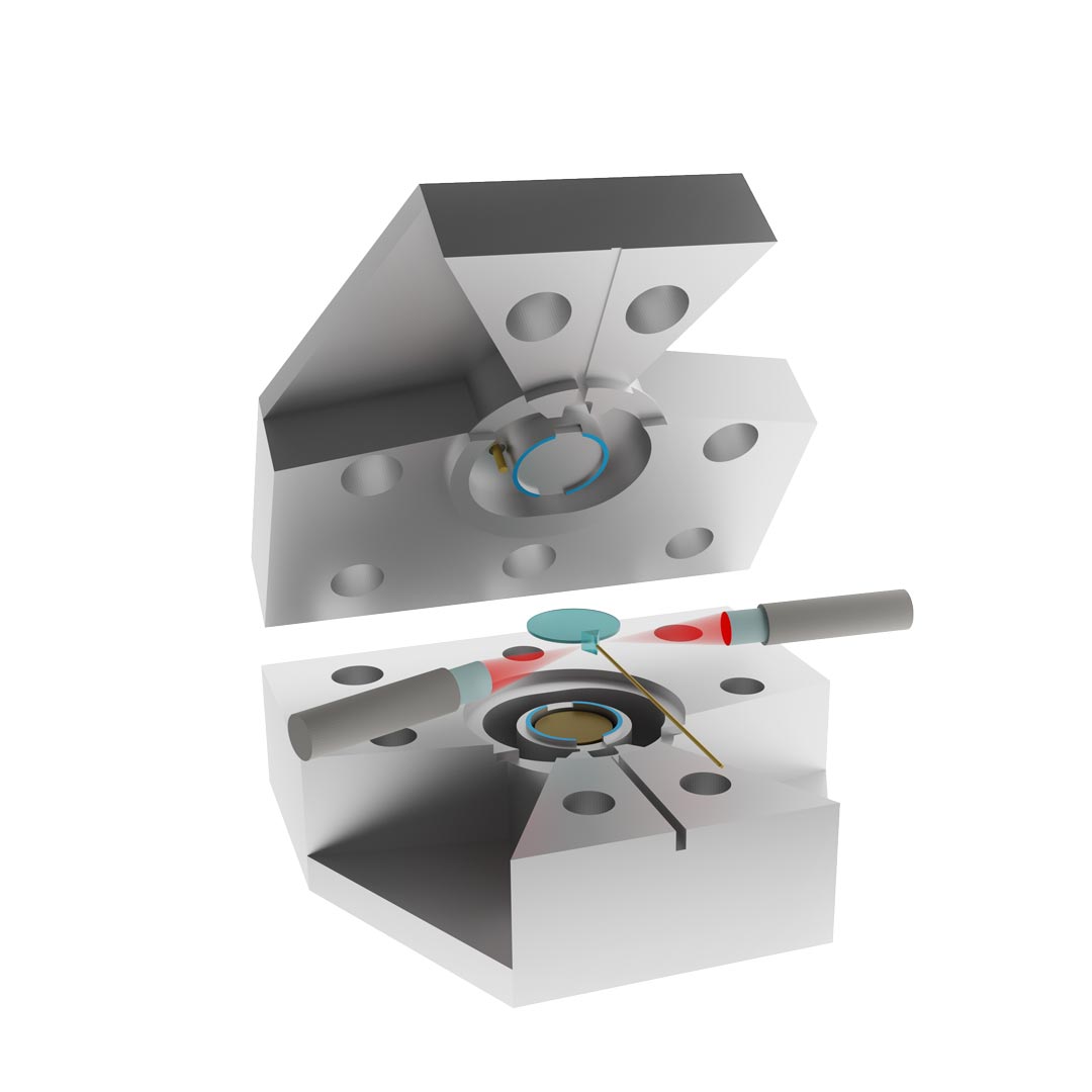 This picture shows exploded-view rendering of the electro-optic converter. The lithium niobate resonator (light blue disc) is clamped between two aluminum rings (blue shaded areas) belonging to the top and bottom parts of an aluminum microwave cavity, respectively. Two lenses are used to focus the optical input and output beams (red) on a diamond prism surface in close proximity to the optical resonator. The microwave tone is coupled in and out of the cavity using a coaxial pin coupler at the top of the cavity (gold). © Rishabh Sahu / IST Austria