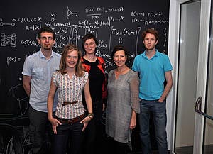The Federal Minister for Woman and the Civil Service, Gabriele Heinisch-Hosek, with (from left) PhD Students Sebastian Novak and Magdalena Steinrück and Postdocs Janina Kowalski and Philipp Schönenberger