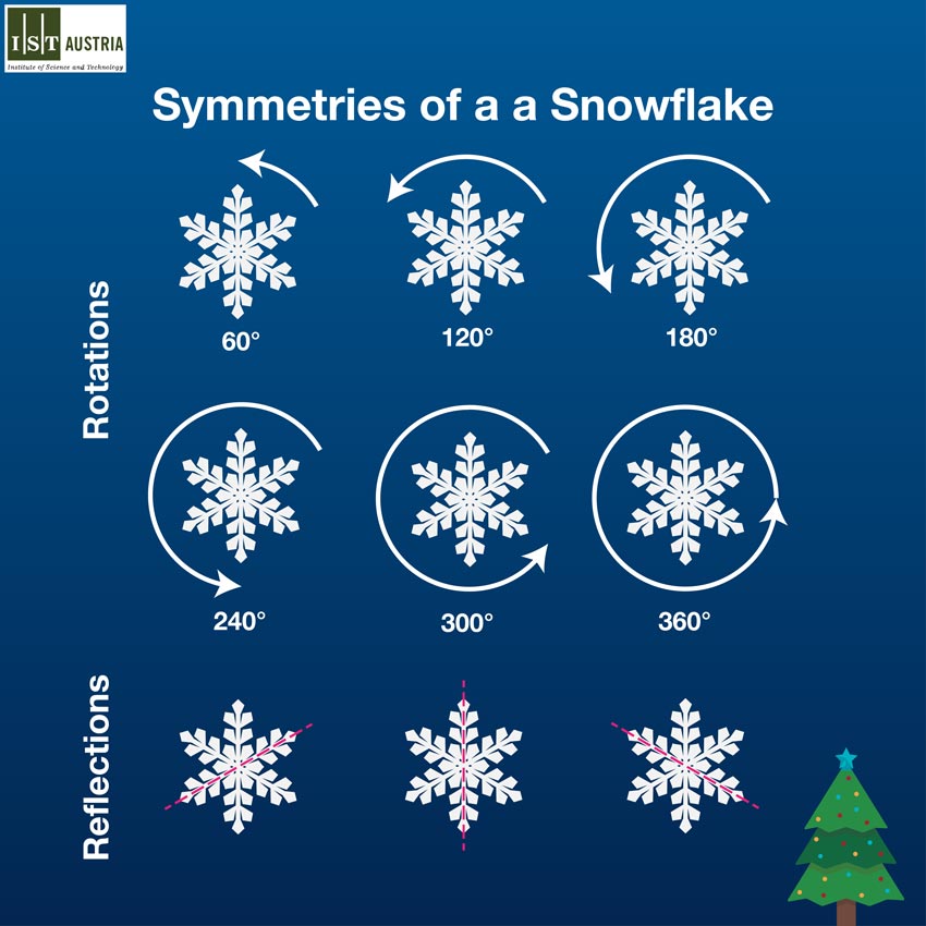 Transformations that preserve the symmetry of a six-sided snowflake. There are six rotations and three reflections preserving the symmetry.