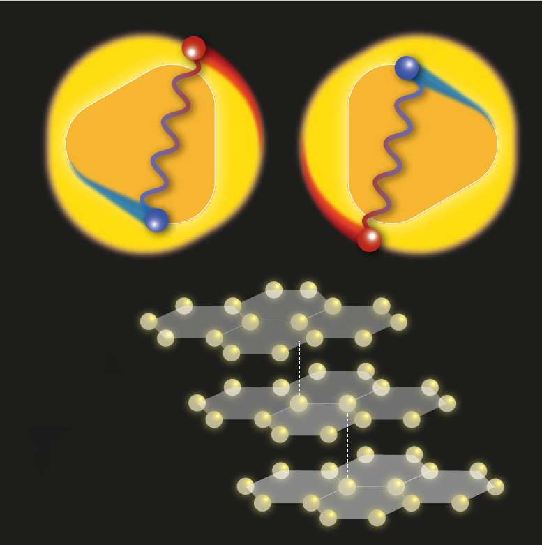 Unconventional superconductivity in graphene. Experimental data from trilayer graphene (bottom) shows two circular Fermi surfaces, creating a ring-like shape, in which the occupied electronic states lie (top). In unconventional superconductivity, the electrons are assumed to be “glued” together by an interaction, not to be confused with their usual interaction of electrical repulsion.