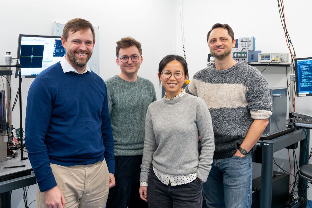 PhD students Sue Shi and Maximilian Hübl, and assistant professors Scott Waitukaitis and Carl Goodrich.