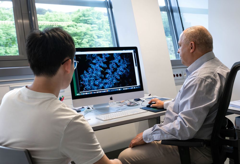 Ziyu Zhao (left) and Leonid Sazanov (right) discussing research results.