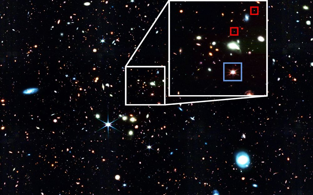 Riesiger Quasar und kleine rote Punkte.